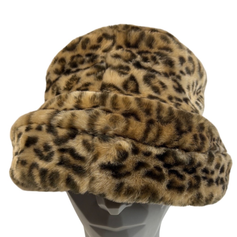 Vintage Handmade Leopard Faux Fur Bucket Hat Brown Animal Print Winter Cap SM